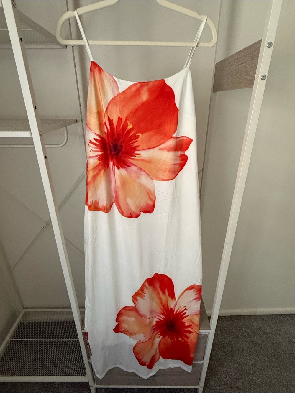 White Maxi Slip Dress with Large Orange Floral Print